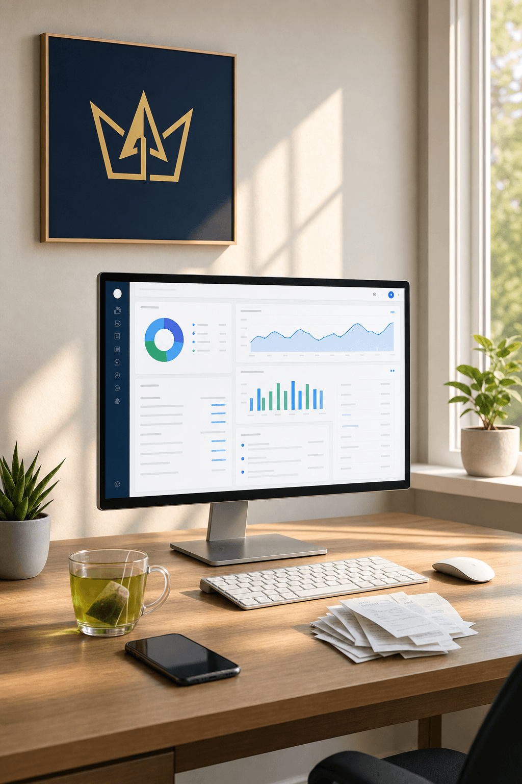 Modern workspace with QuickBooks-style cloud accounting software on screen, green tea, a few neatly stacked receipts on the desk to be entered, and a Crownpoint Accounting crown logo (no circle) framed on the wall — your books handled, your Sunday yours