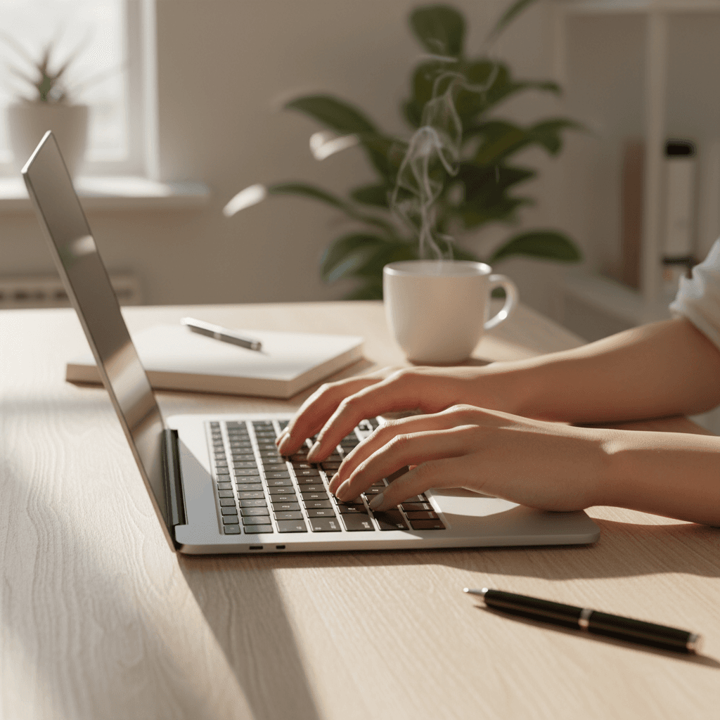 Freelancer's hands typing on laptop at wooden desk with notebook and coffee in natural daylight